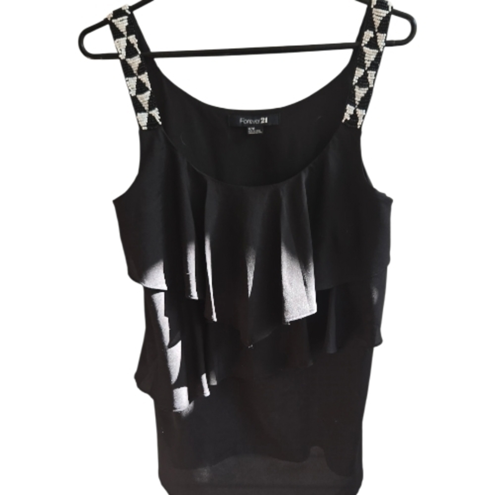 Forever 21 Black Ruffle Tank with Beaded Straps